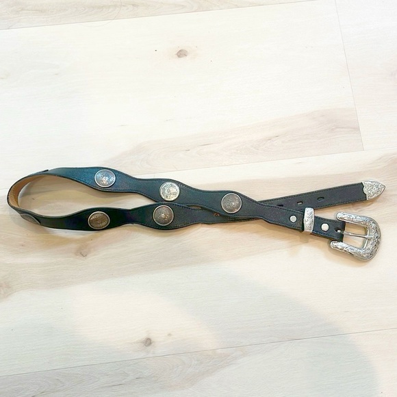 Vintage Concho Brown Leather Silver Tone Belt BOHO Western cowgirl XS S - Picture 2 of 6